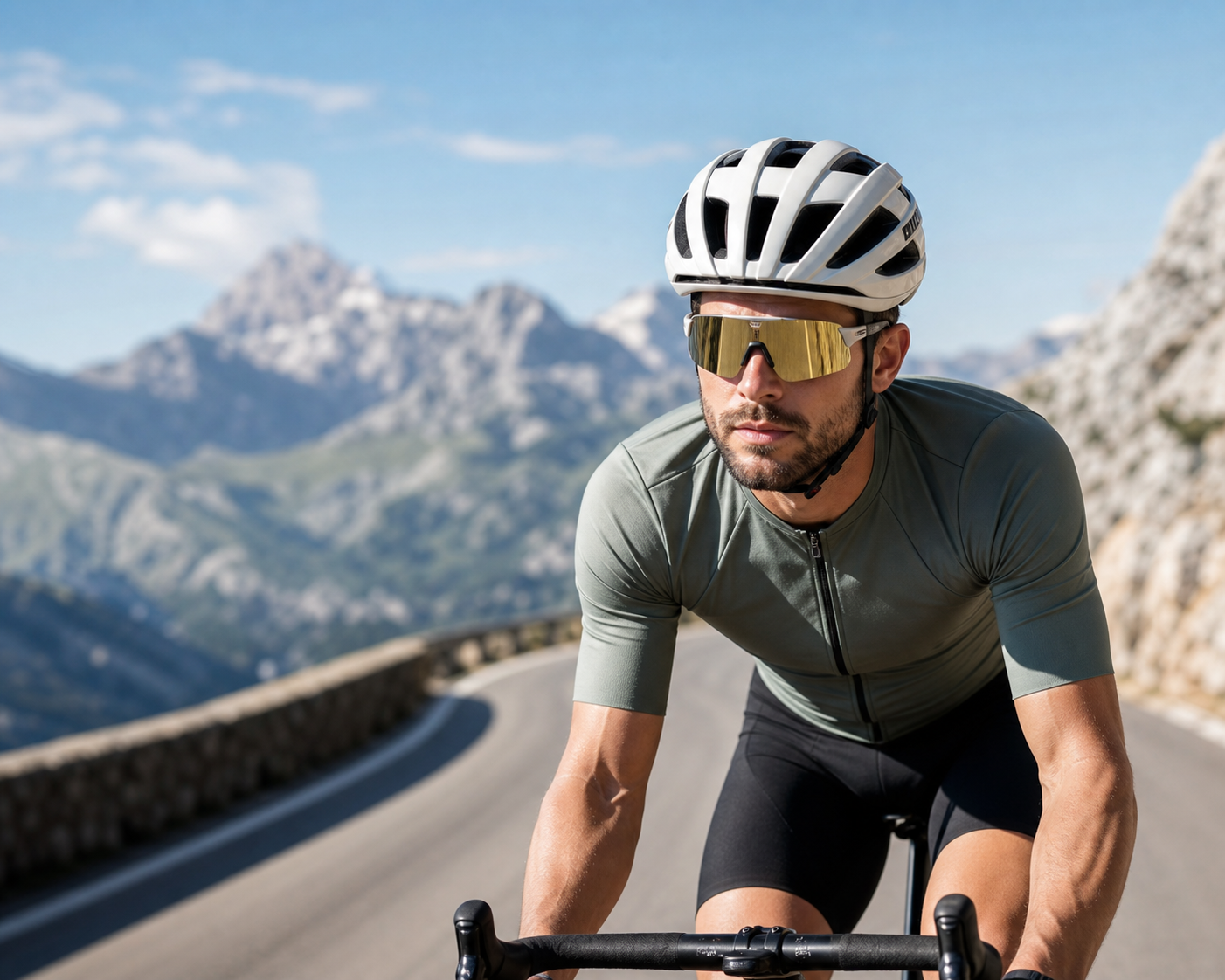 Cyclist with complete head visible wearing gold mirrored sports sunglasses