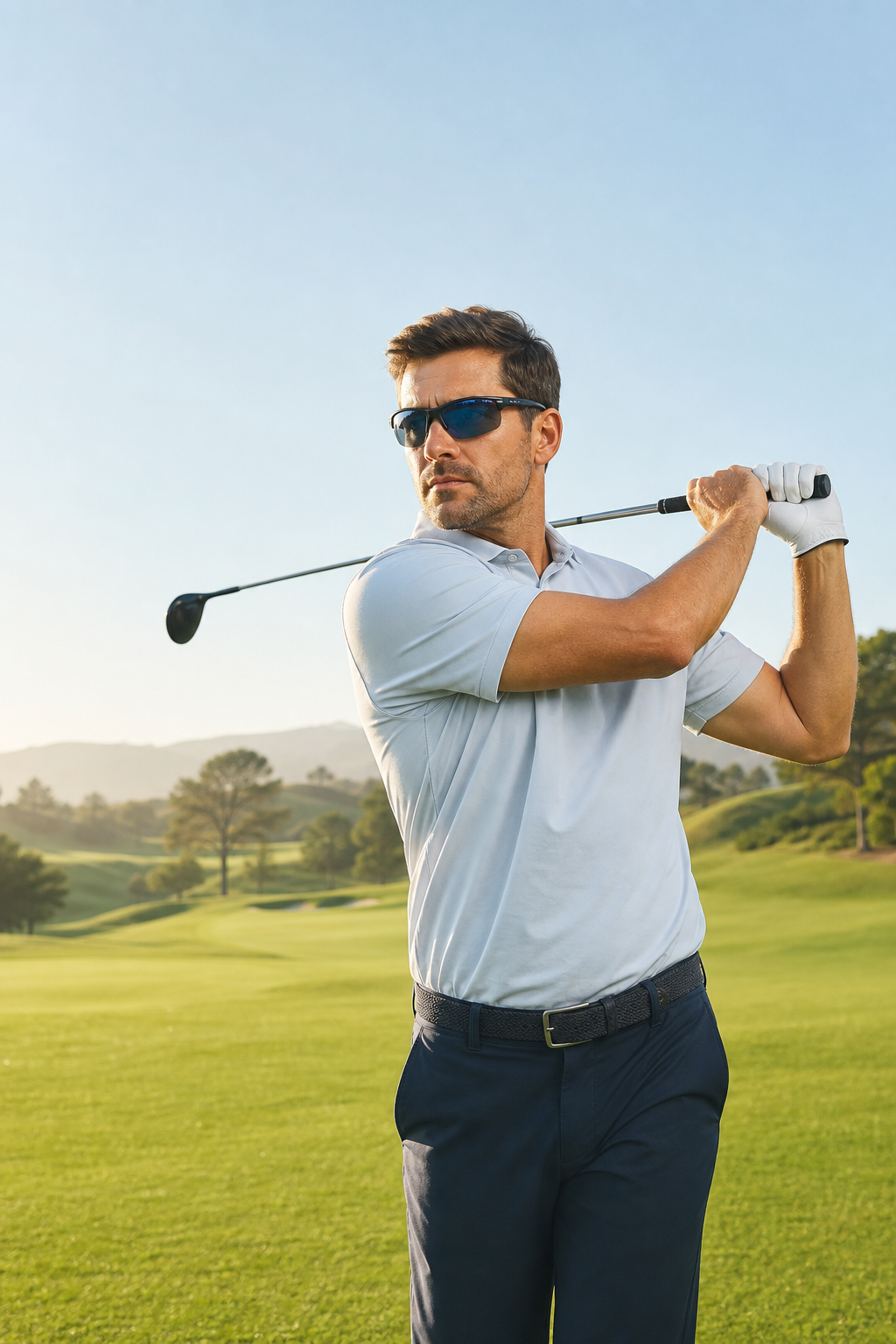 Golfer with complete head visible wearing lightweight sports sunglasses