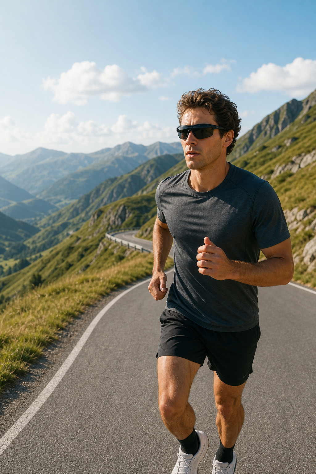 Runner on a mountain road with complete head visible wearing sports sunglasses