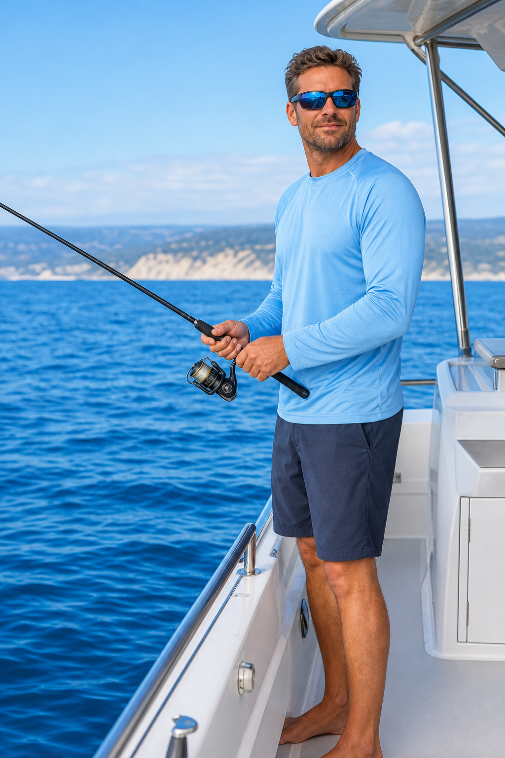 Sea-fishing athlete with complete head visible wearing polarized sports sunglasses